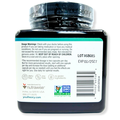 Youtheory Ashwagandha 1000mg – Stress Relief, Mood Support & Natural Energy – 60 Capsules